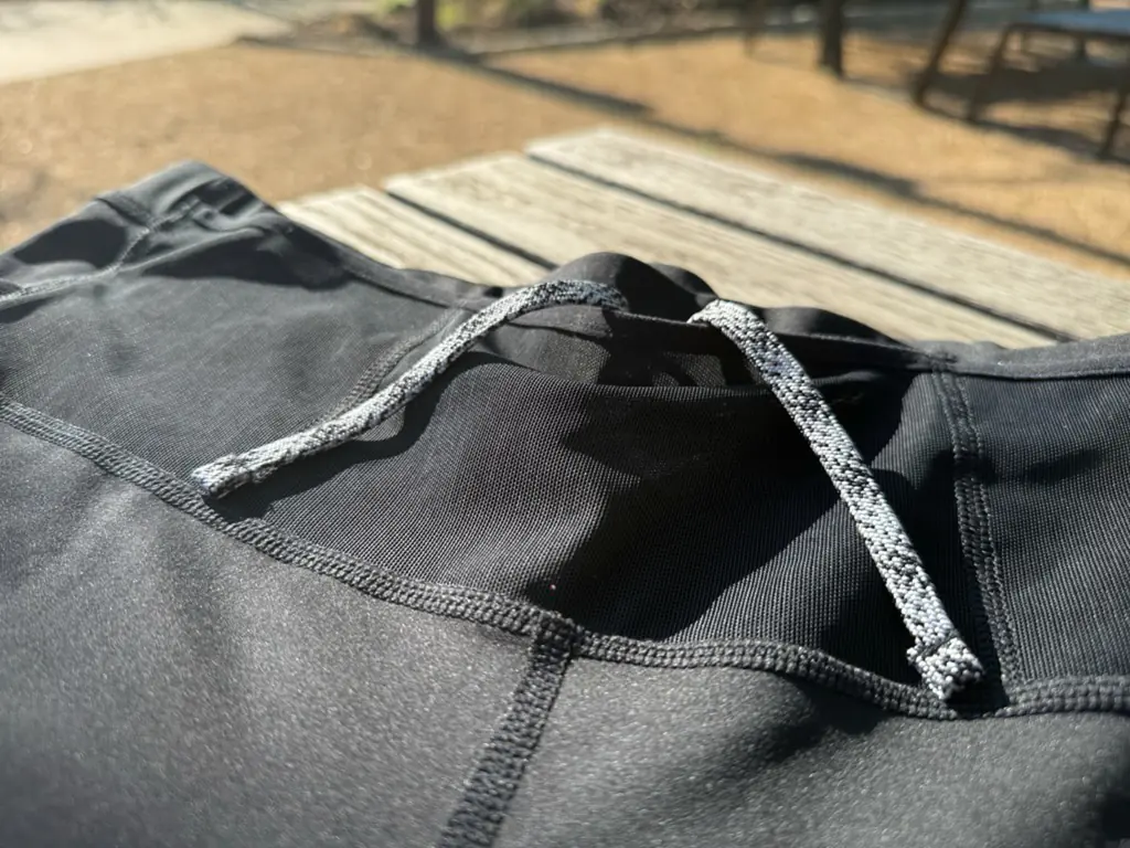 A close up of the black and white patterned drawstring