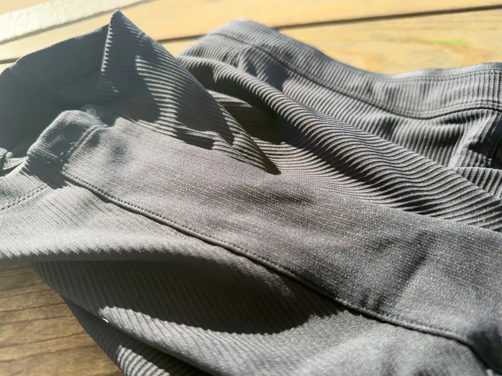 A closeup of the double layer fabric gusset or inseam running from the opening of one leg to the other.