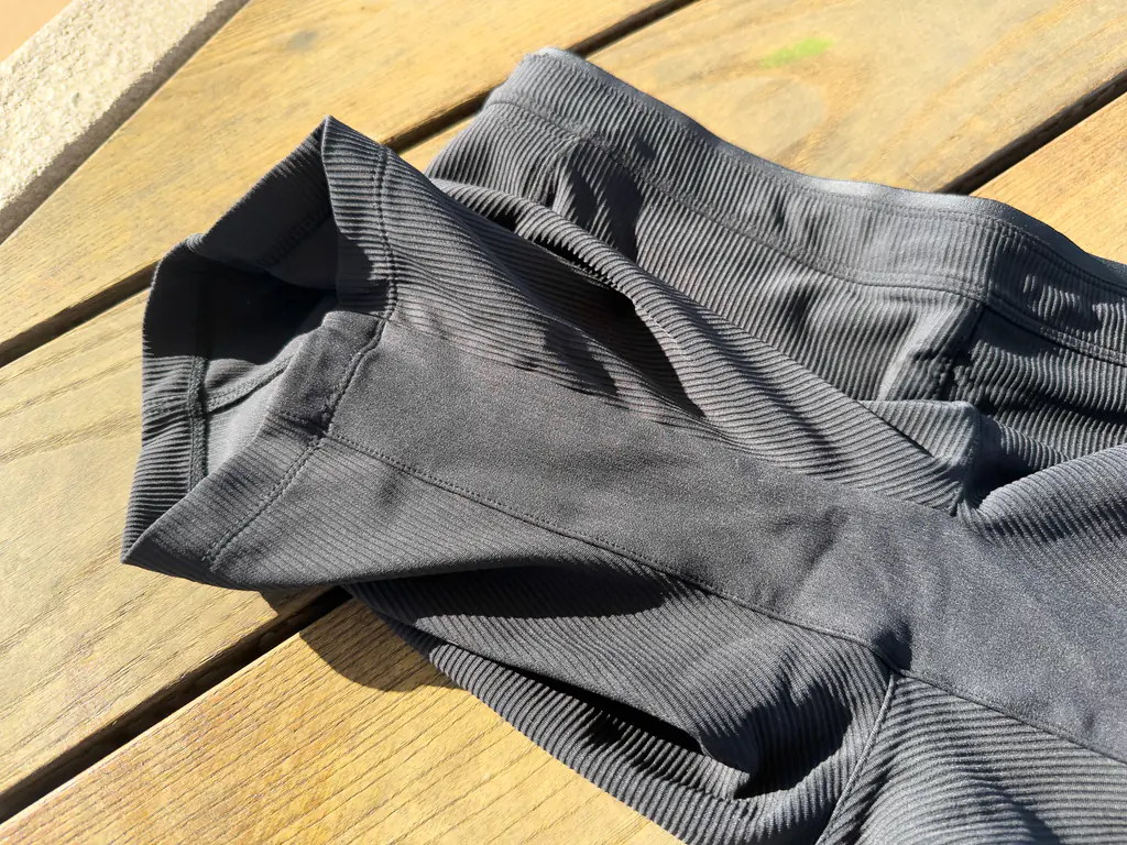 An overall view of the double layer fabric gusset or inseam running from the opening of one leg to the other.