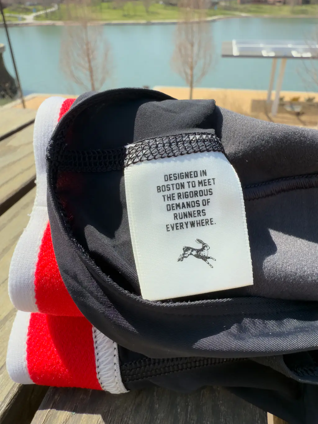 The fun tag Tracksmith puts inside the shorts that reads: 'Designed in Boston to meet the rigorous demands of runners everywhere'