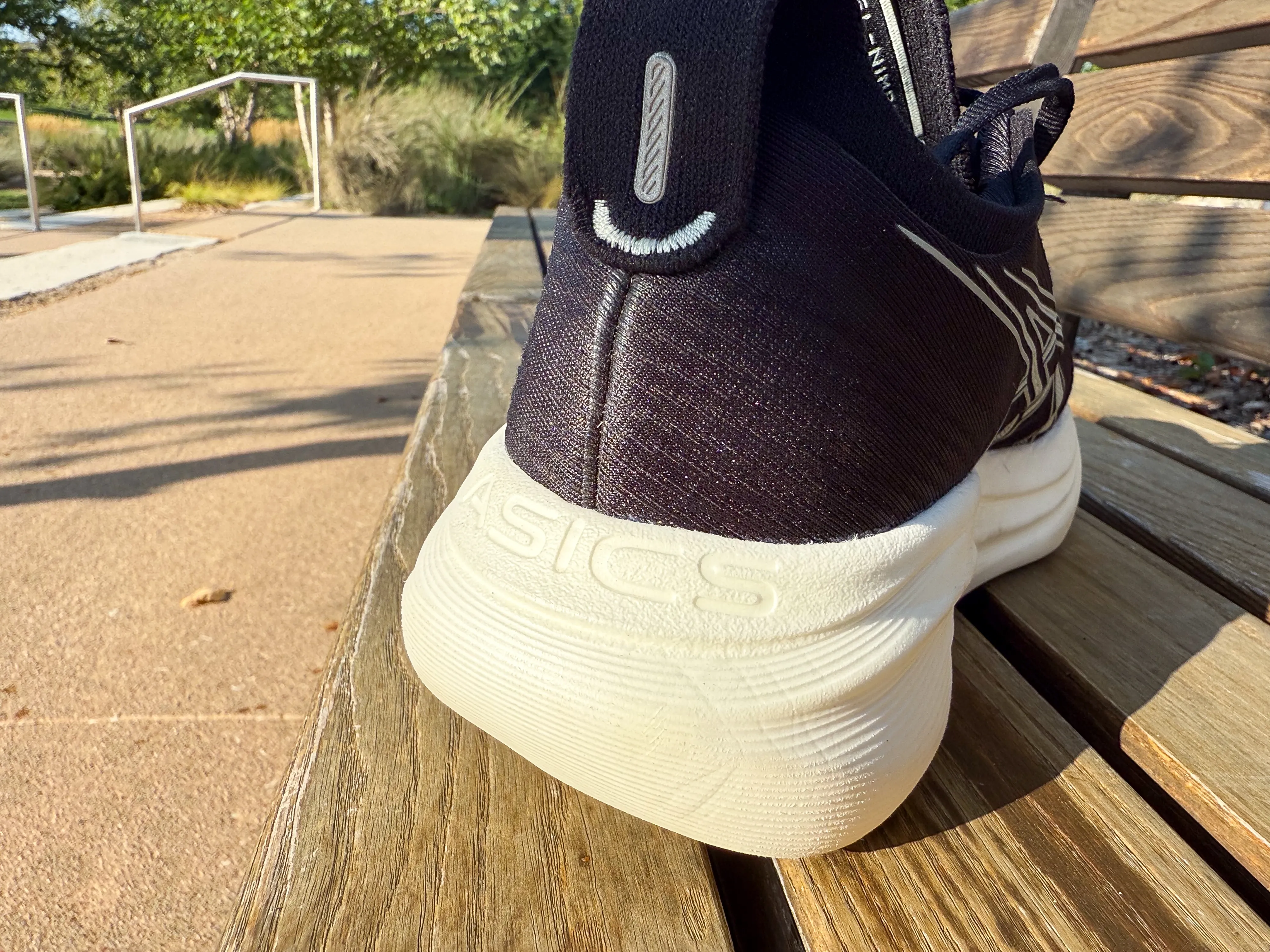 A view of the substantial heel of the Nimbus 27, which has the Asics name molded into the midsole A view of the substantial heel of the Nimbus 27, which has the Asics name molded into the midsole