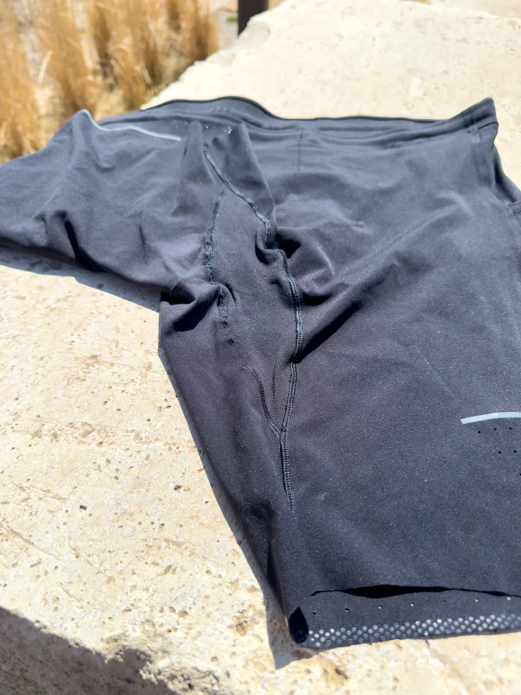 A look at the inseam construction, including the gussetted crotch