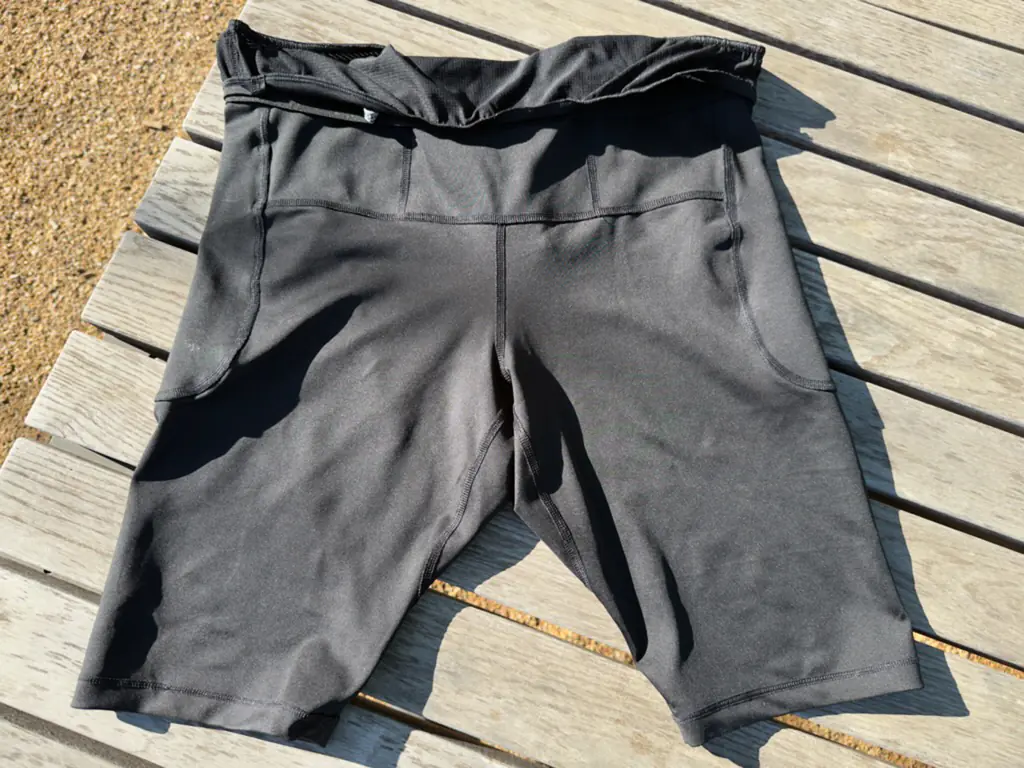 A top down view of the inside of the rear of the half tights