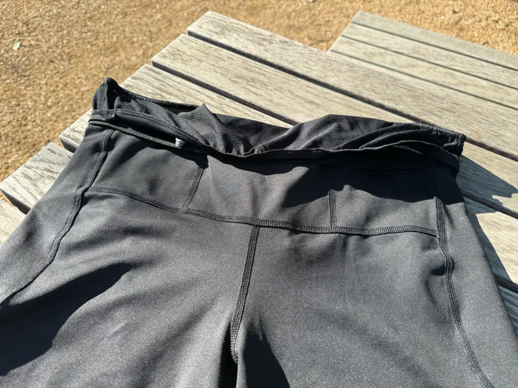 A close shot of the inside of the rear pocket construction, showing all the tidy, flat seams