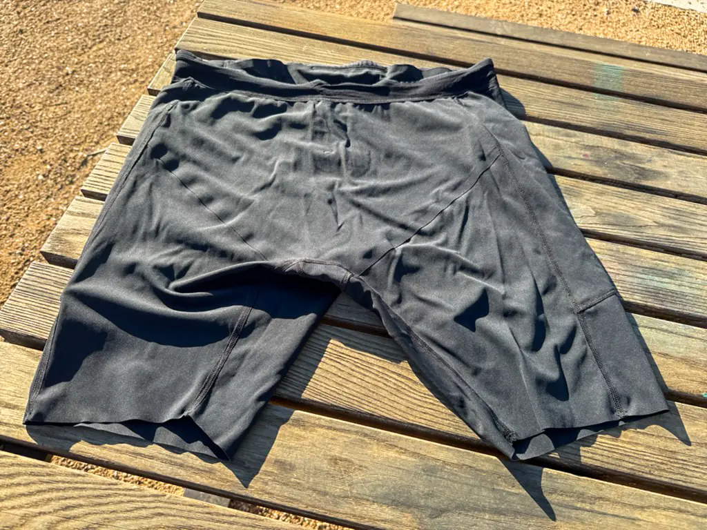 A view of the interior construction of the half tights, showing small, flat, well-placed seams
