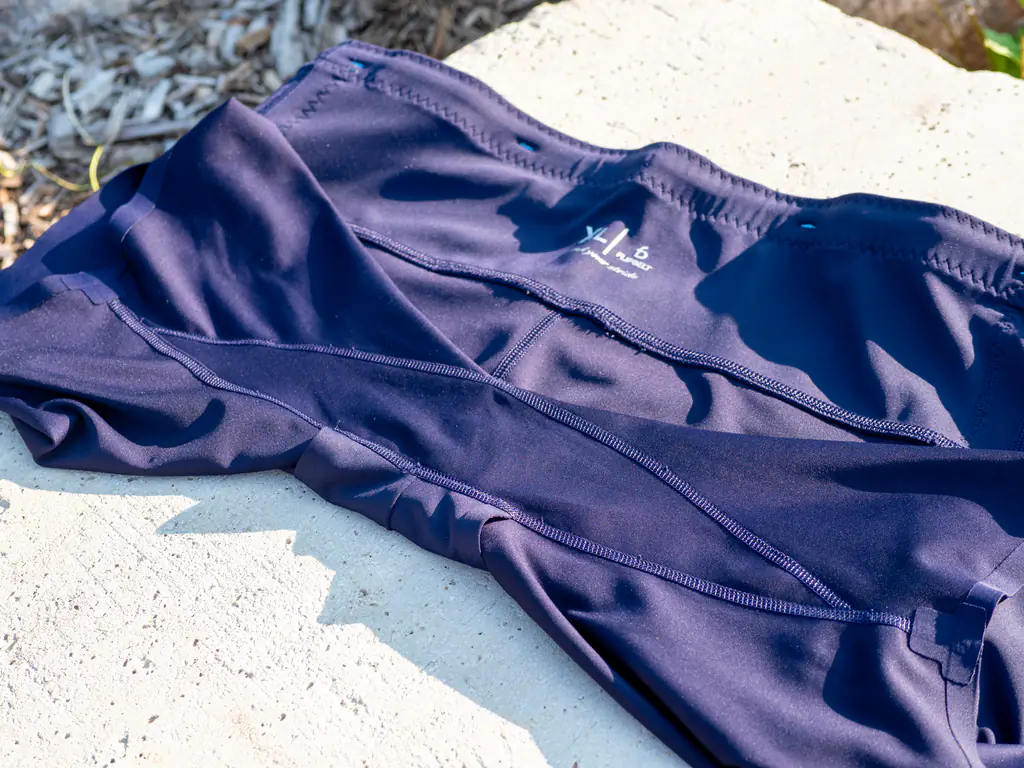 An inside closeup of the large crotch gusset and flat, well-placed seams