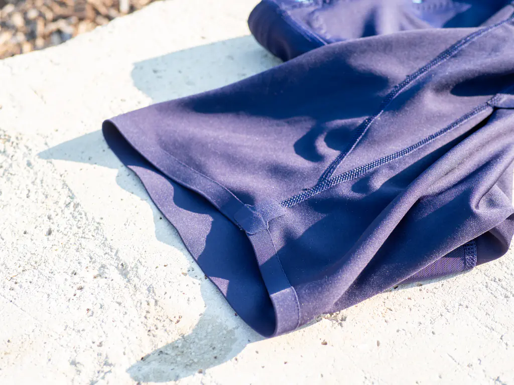 A closeup of the bonded leg opening hem, with no stitching to irritate the skin