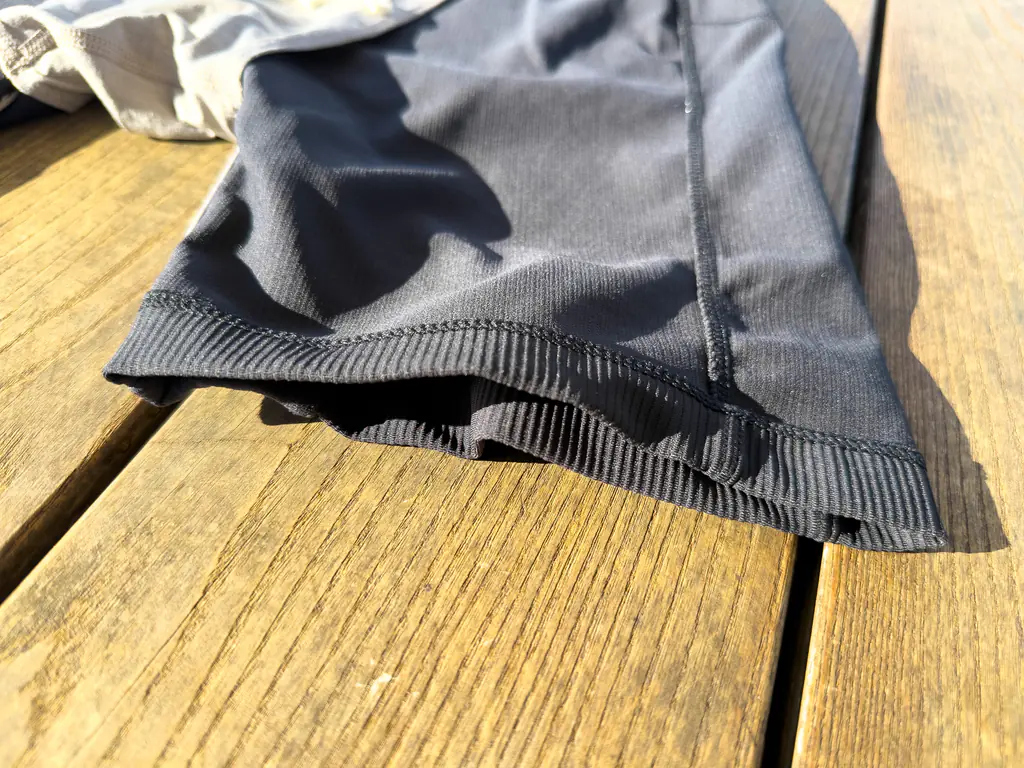 A closeup of the hemmed leg opening seam — a simple, but well executed construction.