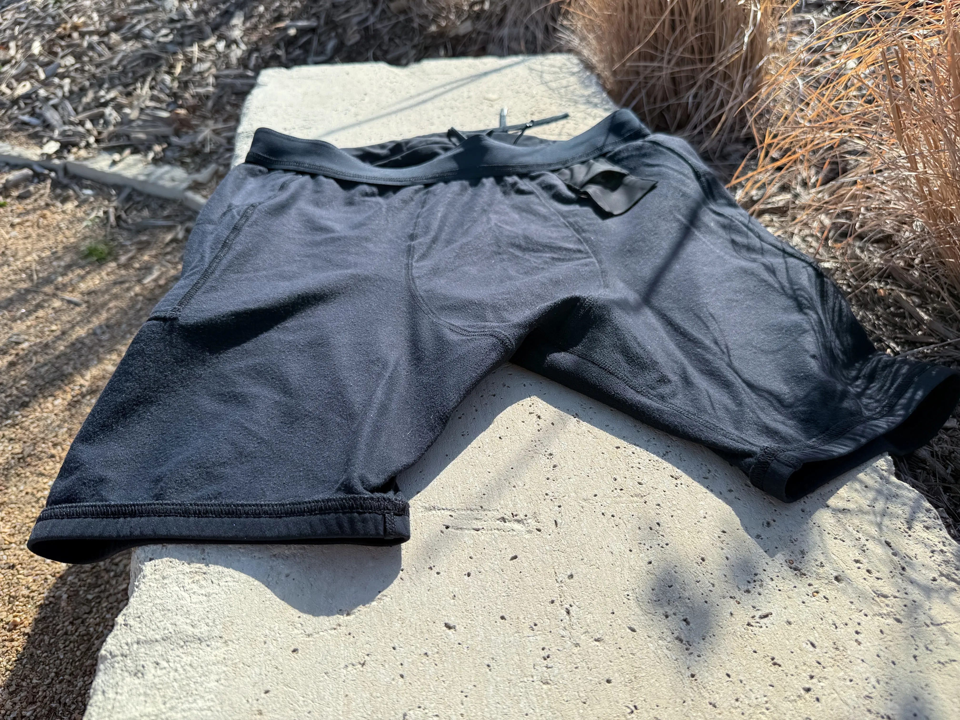 An overall view of the interior of the front of the half tights, showing the well constructed seams and panels