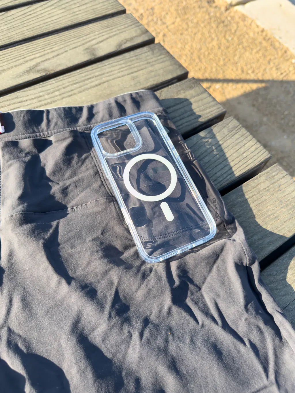 iPhone 16 Pro Max case over top of the zippered pocket showing how it cannot fit