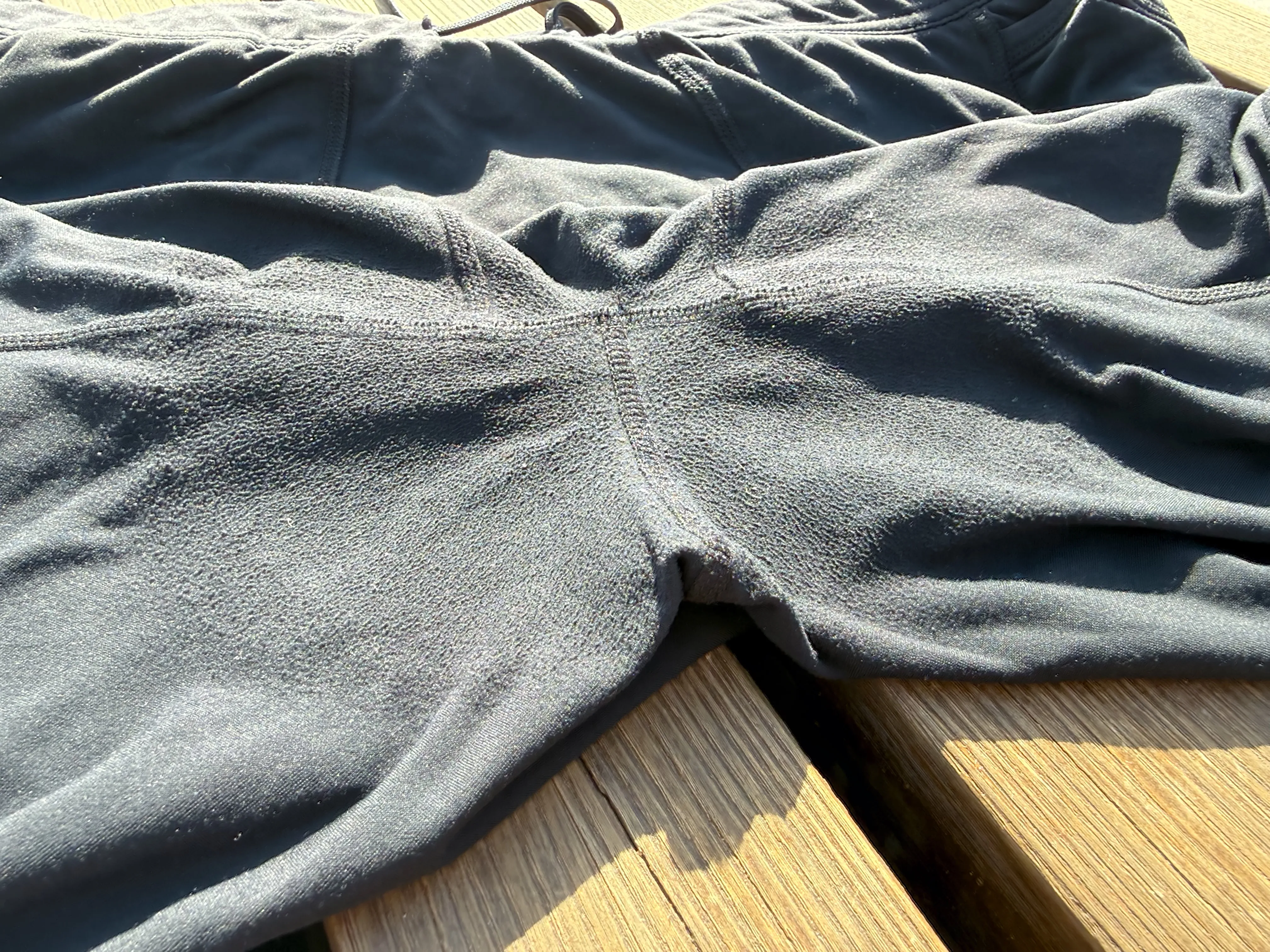 An overall look at the pilling, showing its impact on most of the crotch area