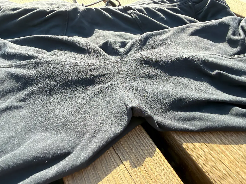 An overall look at the pilling, showing its impact on most of the crotch area