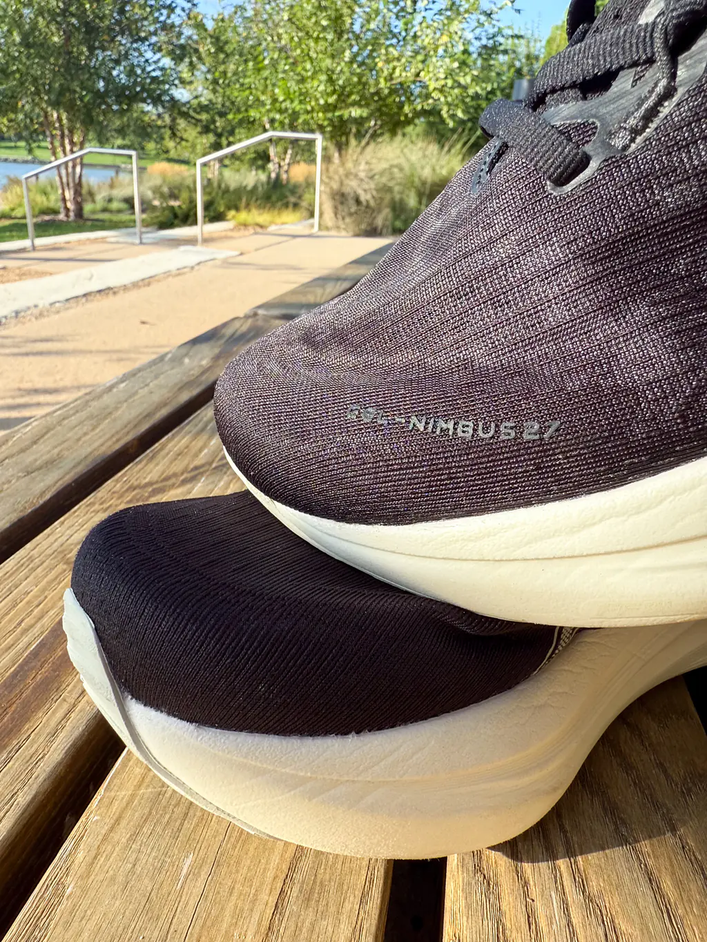 A view of the upper over the toe of the Nimbus 27, showing the name overlay