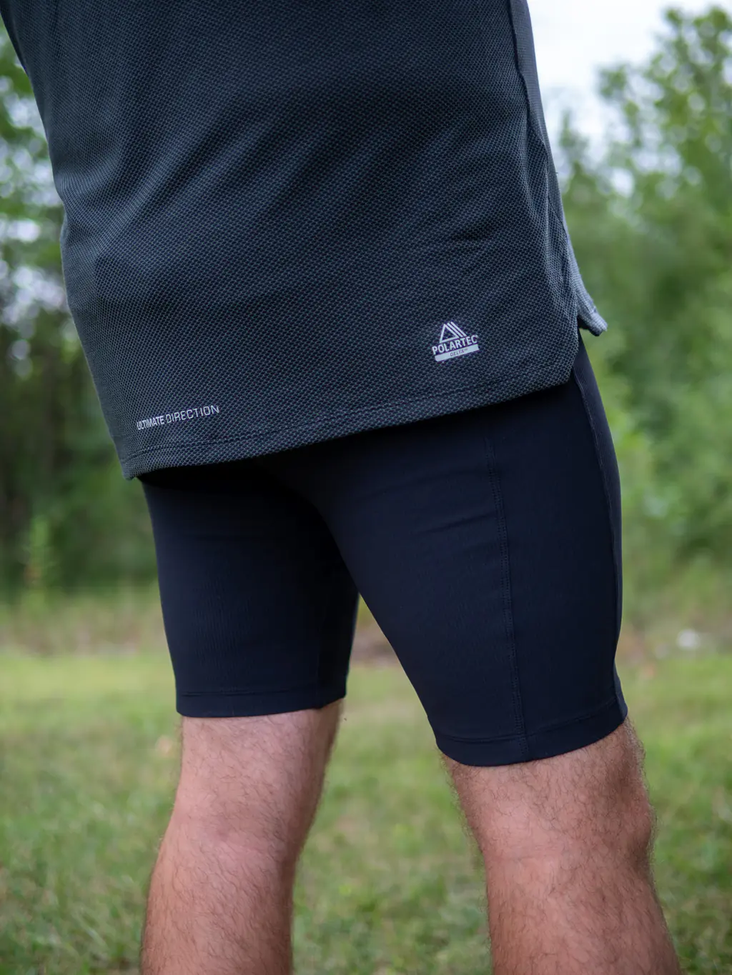 A rear shot of a bigger runner wearing the half tights.
